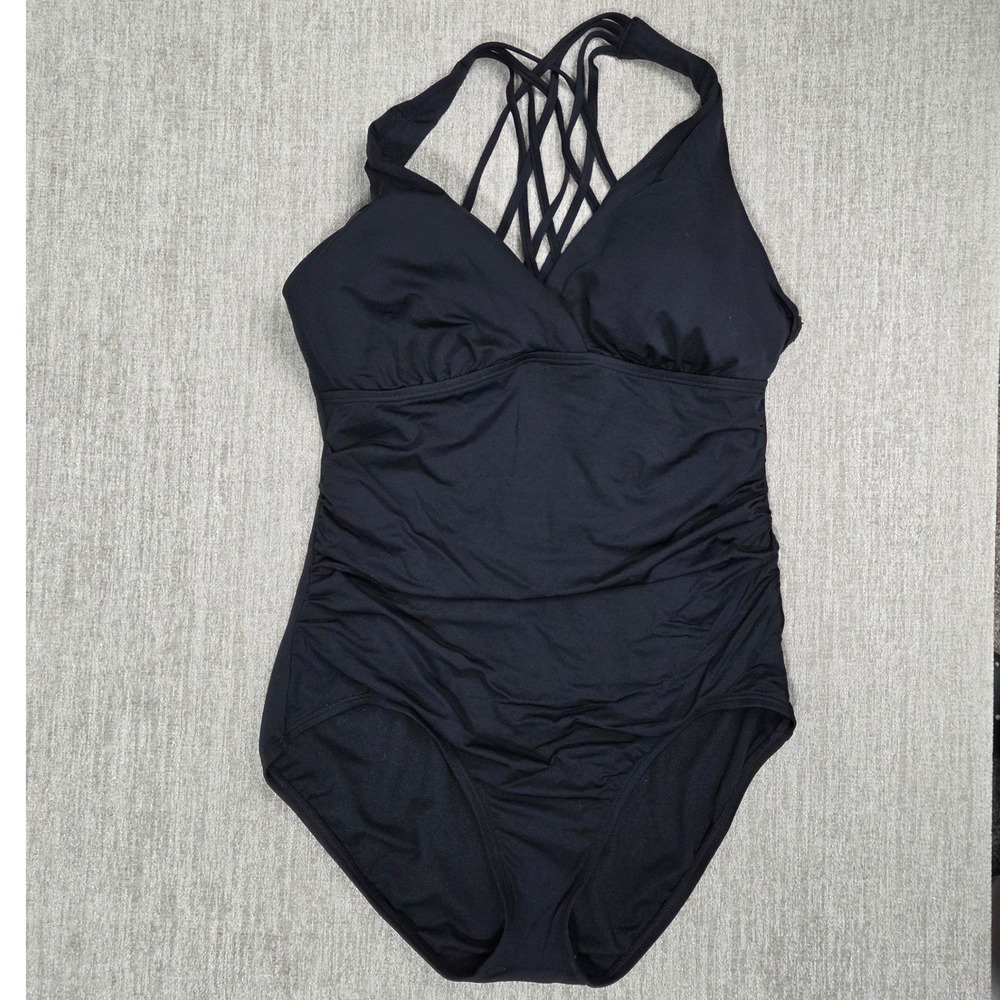 Jantzen Womens Black Ruched One Piece Swimsuit Criss-Cross Strappy Size 14 XL